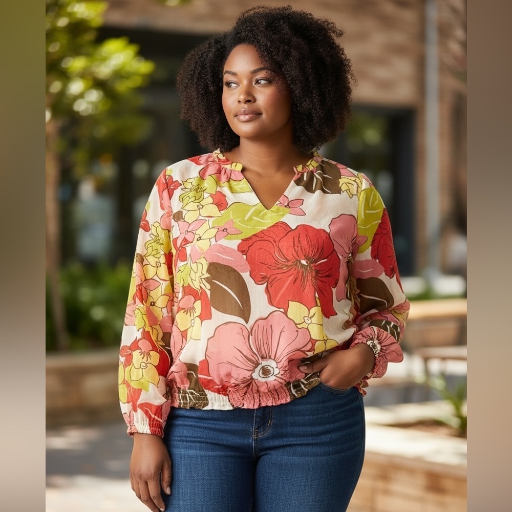 Chico’s vibrant, floral BoHo sheer top with the neck and elastic waist, size‎ 2